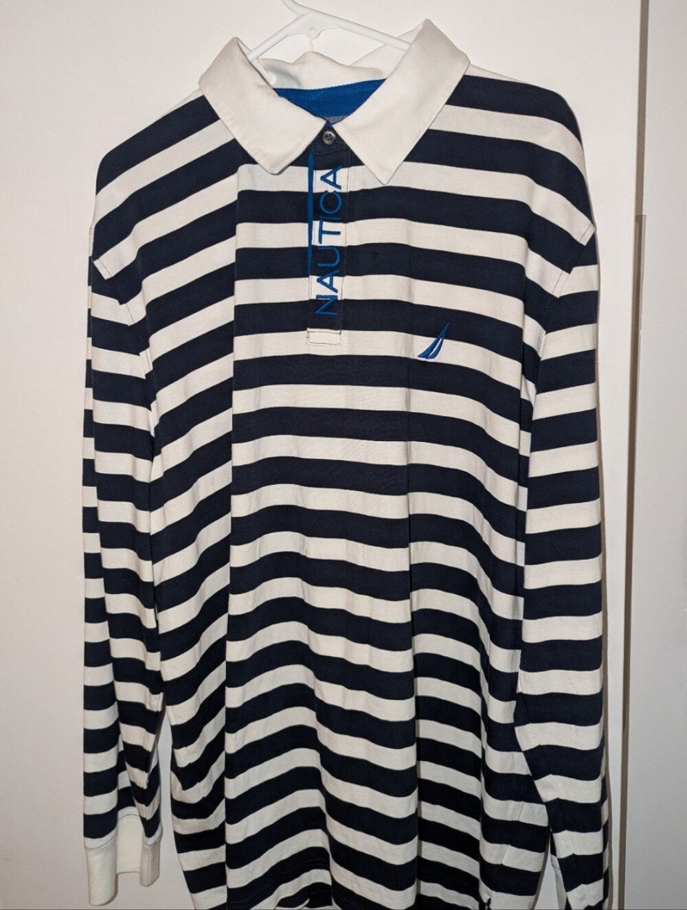 NWT Men's XXL Nautica Navy & White Striped Long Sleeve Polo with Sail Logo